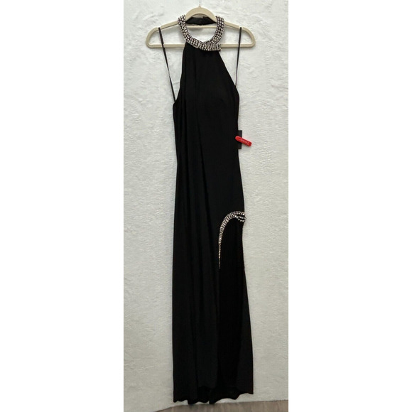 NWT Mac Duggal 26553 Womens Black Rhinestone Accents High Slit Halter Gown Sz 4 - Picture 4 of 16